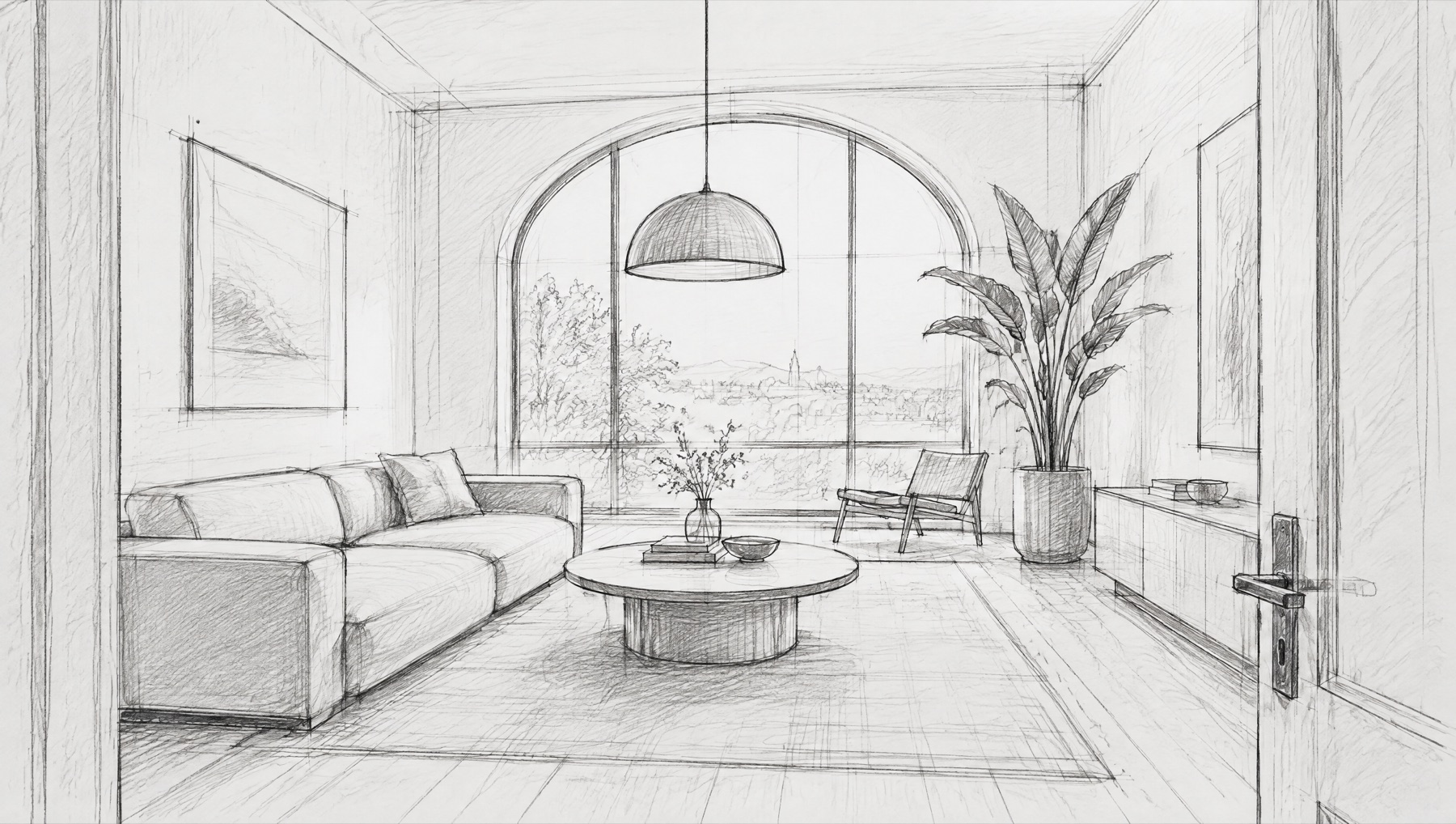 Pencil sketch of the living room